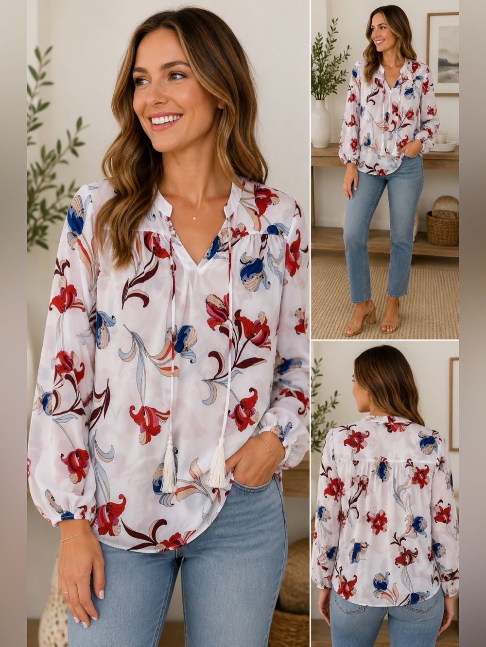 a.n.a. Floral Peasant Blouse Medium Sheer Tassel Tie Boho Long Sleeve